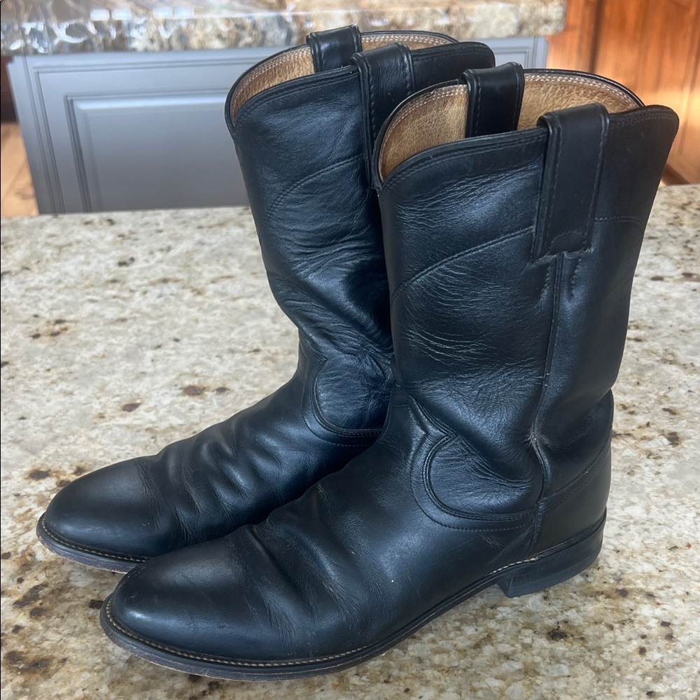 JUSTIN 3133 MENS BLACK LEATHER ROPER STYLE COWBOY BOOTS WESTERN RODEO SIZE 9 1/2
